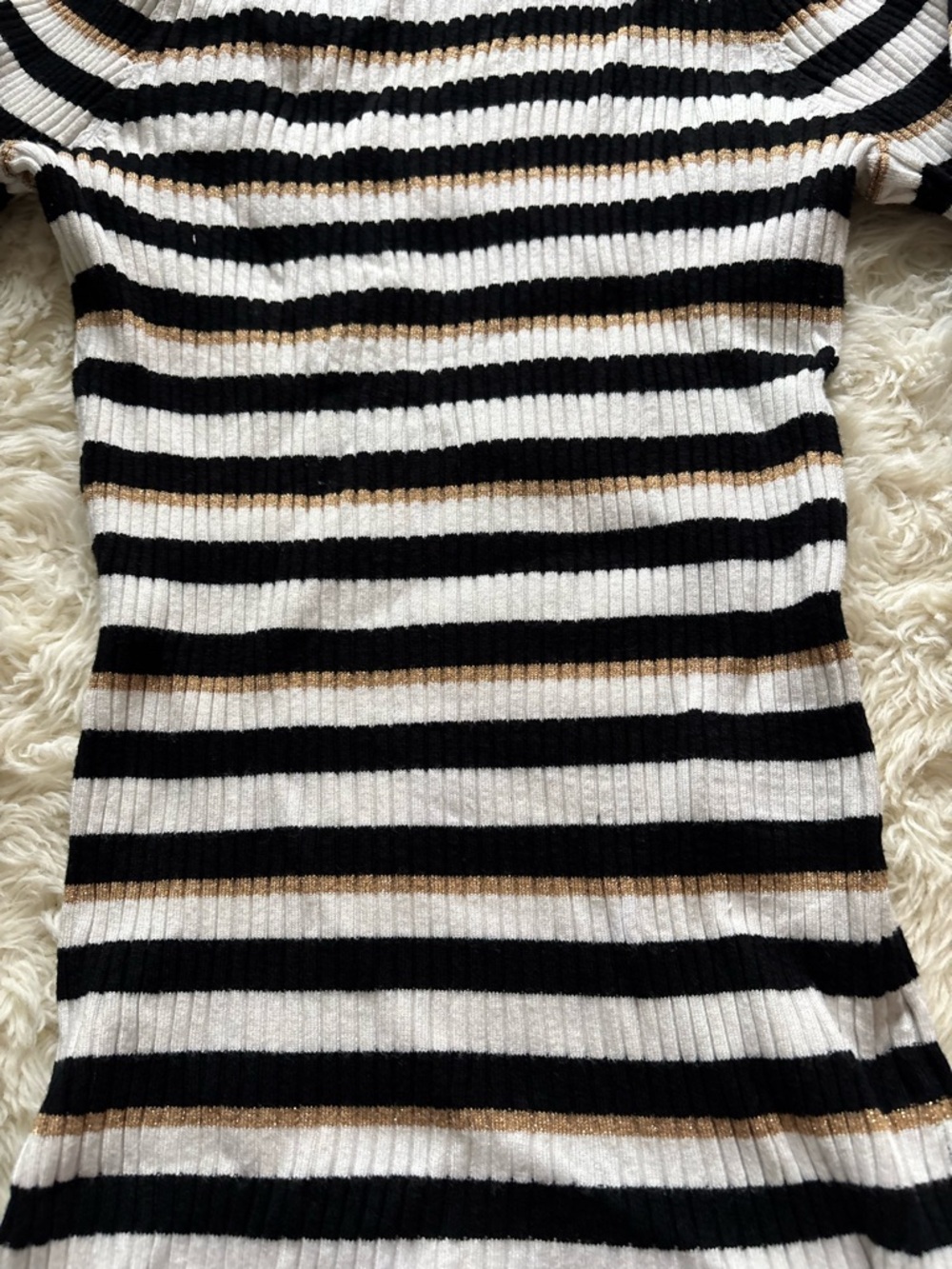 INC International Concepts Striped Ribbed Turtleneck in Black, White & Gold - Picture 3 of 9